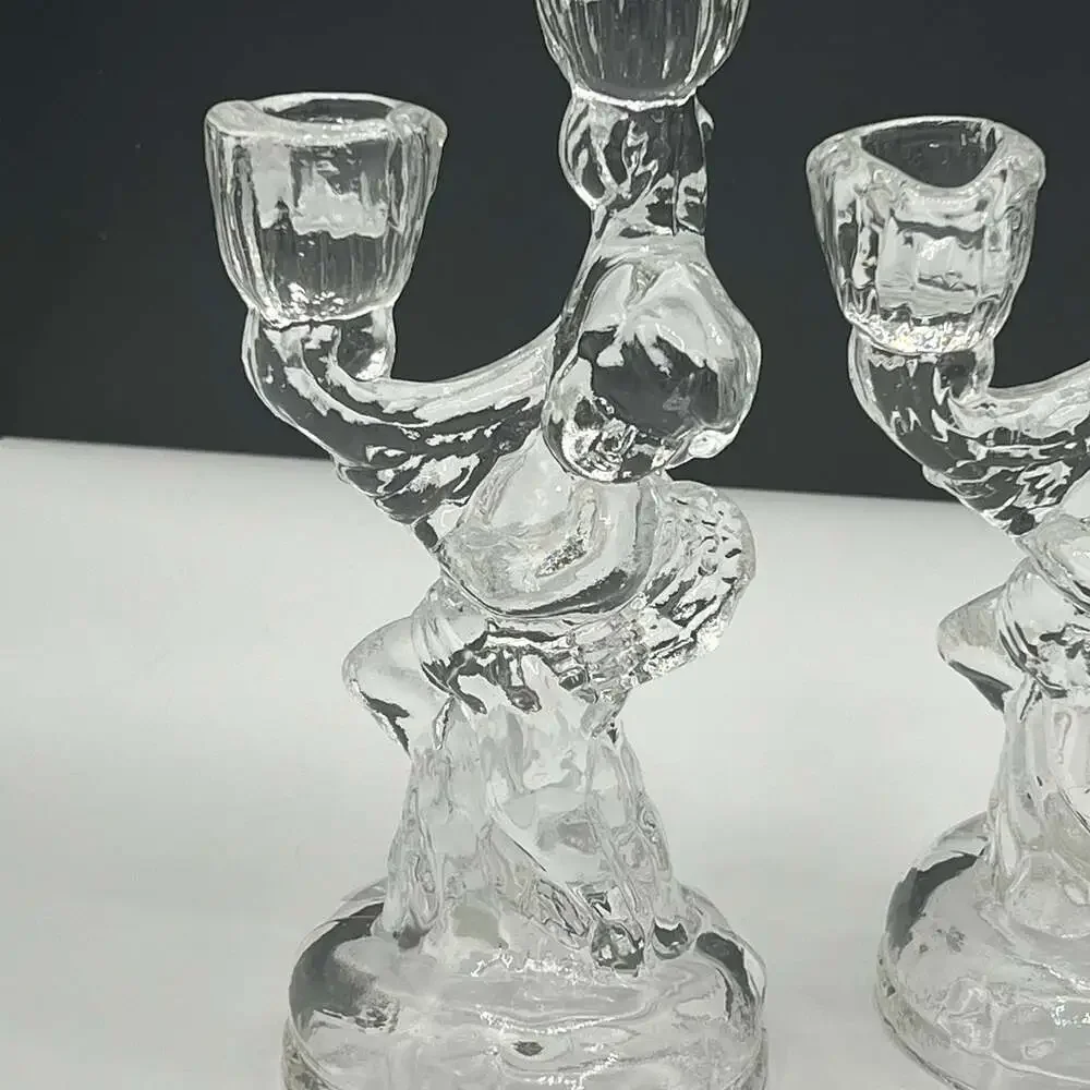 Vintage Clear Glass Cherub Angel 2 Arms Candle Holder Set of 2 - ,Beautiful